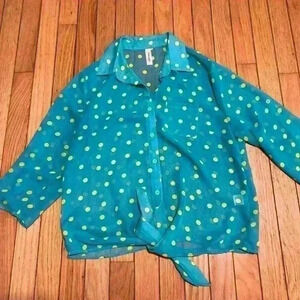 Tacera Blouse Women’s Small Sheer Tie Up Crop Polka Dots Aqua Lime Full Button
